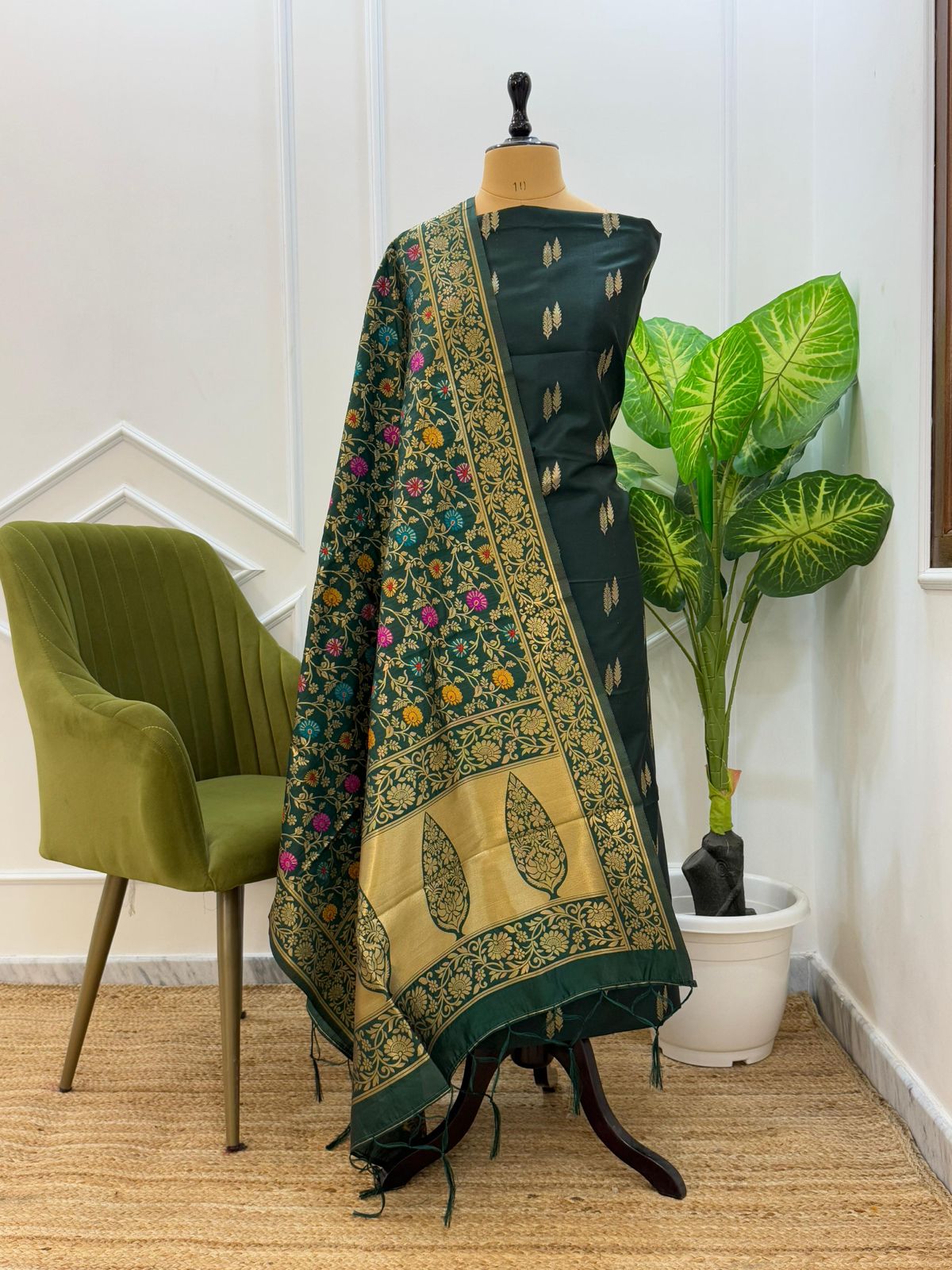 Dark Green Katan Silk Zari With Multicolor Mina Jaal Dupatta 800SKL_KS34