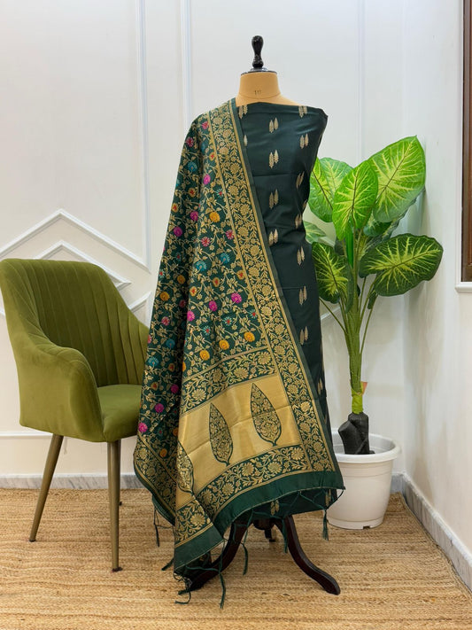 Dark Green Katan Silk Zari With Multicolor Mina Jaal Dupatta 800SKL_KS34