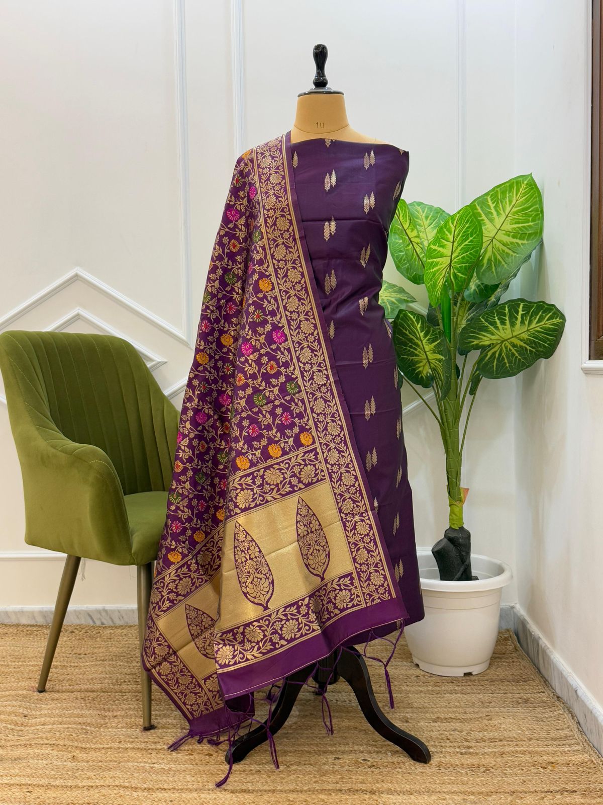 Purple  Katan Silk Zari With Multicolor Mina Jaal Dupatta 800SKL_KS33