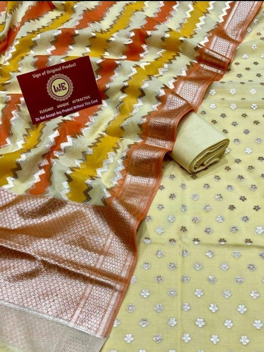 Cream Pure Mercerise Lorex weave Handbrush Dupatta Banarasi Suit 1300SKL_PM26