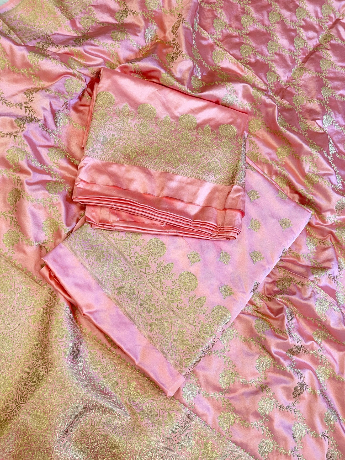 Peach Premium Mashru Silk Floral Zari Booti Banarasi Suit Set 1500AJ_KCP21