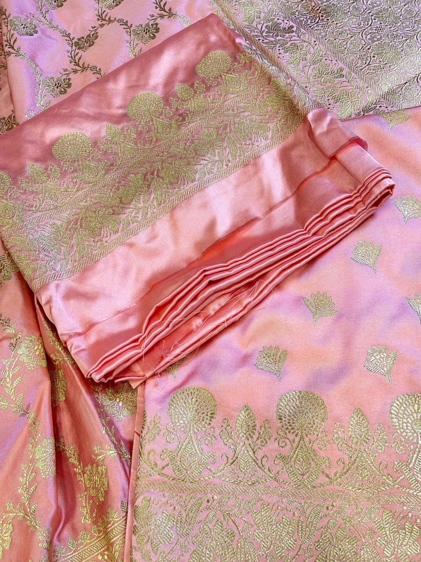 Peach Premium Mashru Silk Floral Zari Booti Banarasi Suit Set 1500AJ_KCP21