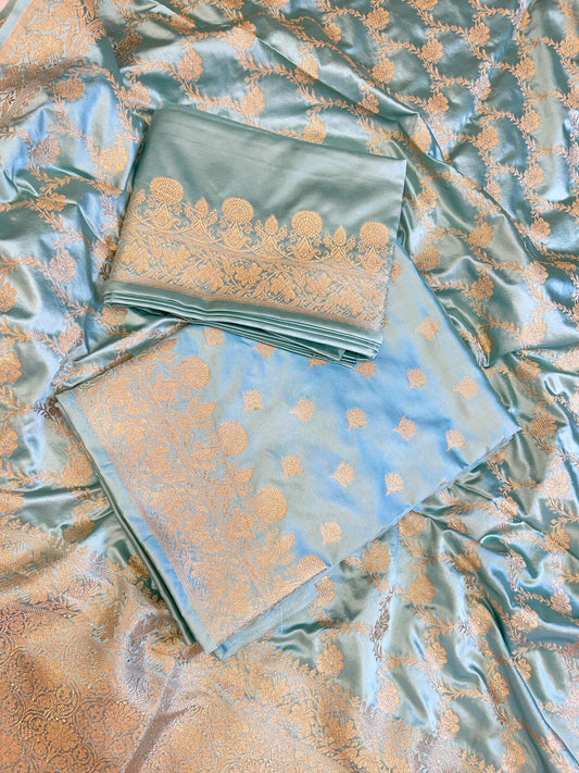 Seagreen Premium Mashru Silk Floral Zari Booti Banarasi Suit Set 1500AJ_KCP23