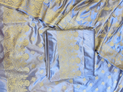 Grey Mashru Silk Premium Floral Zari Booti Banarasi Suit Set 1500AJ_KCP26