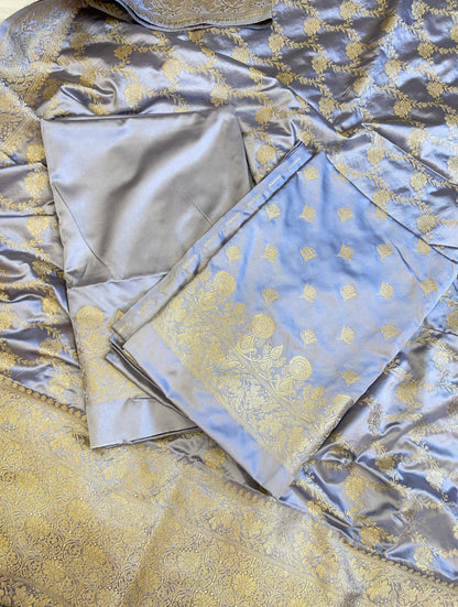 Grey Mashru Silk Premium Floral Zari Booti Banarasi Suit Set 1500AJ_KCP26