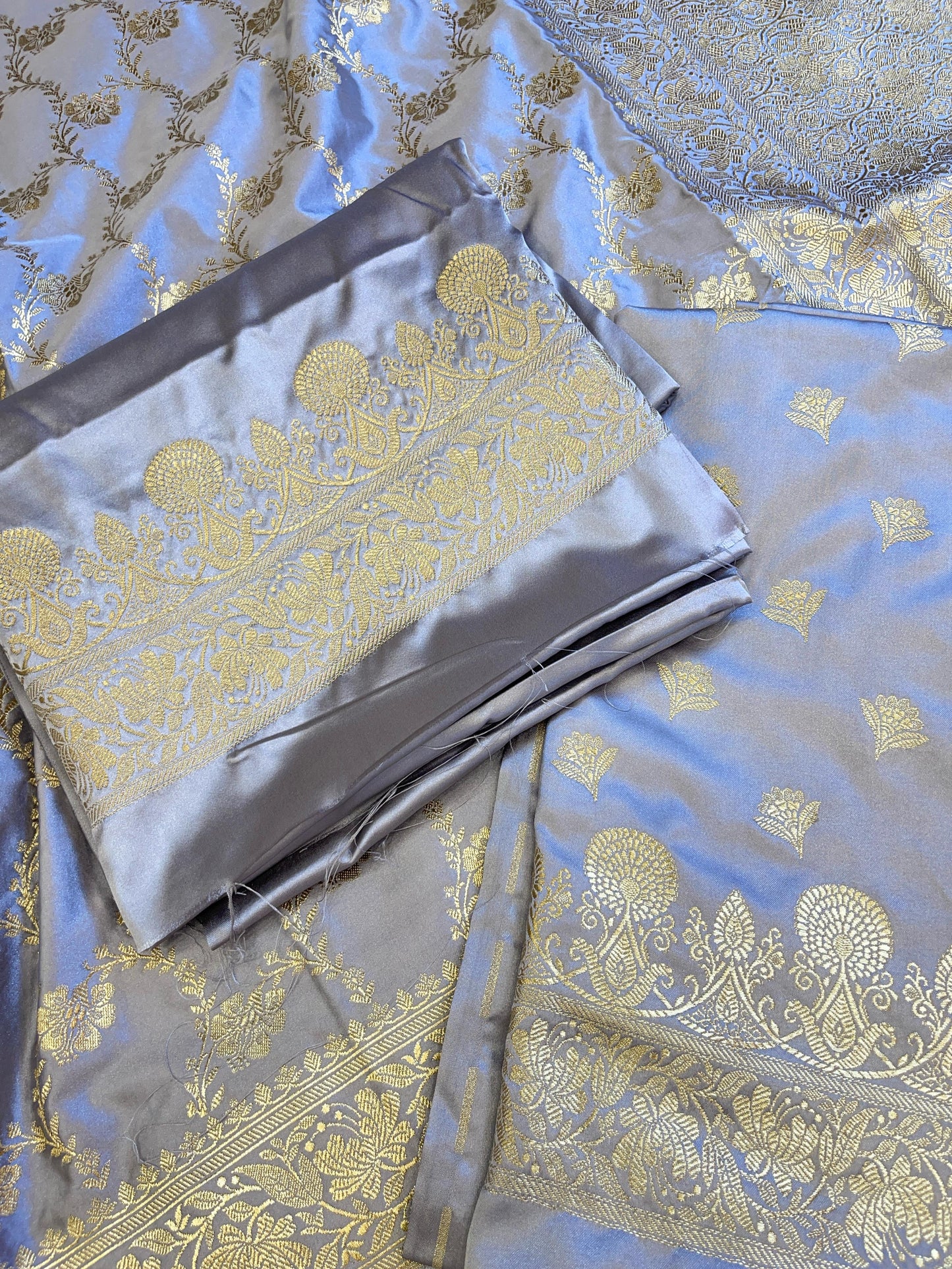 Grey Mashru Silk Premium Floral Zari Booti Banarasi Suit Set 1500AJ_KCP26