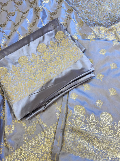 Grey Mashru Silk Premium Floral Zari Booti Banarasi Suit Set 1500AJ_KCP26