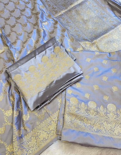 Grey Mashru Silk Premium Floral Zari Booti Banarasi Suit Set 1500AJ_KCP26
