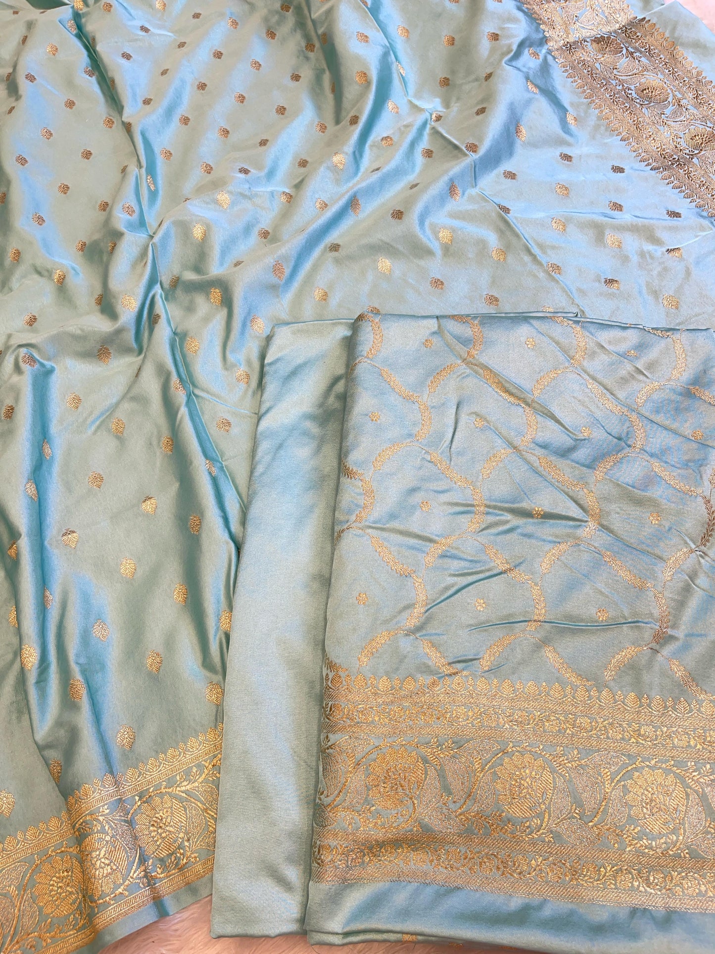 Seagreen Premium Mashru Silk Floral Zari Booti Banarasi Suit Set 1500AJ_KCP29