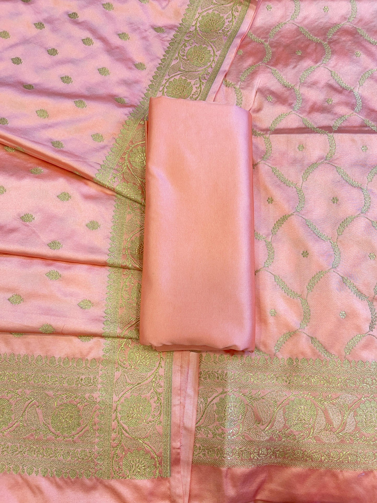 Peach Premium Mashru Silk Floral Zari Booti Banarasi Suit Set 1500AJ_KCP30