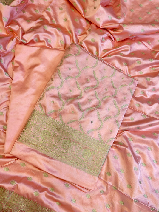 Peach Premium Mashru Silk Floral Zari Booti Banarasi Suit Set 1500AJ_KCP30