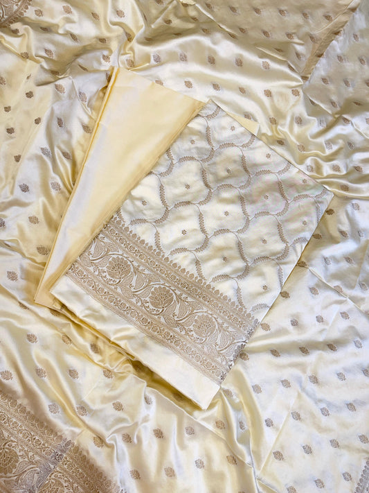 Cream Premium Mashru Silk Floral Zari Booti Banarasi Suit Set 1500AJ_KCP31