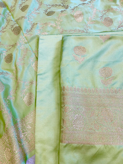 Green Premium Mashru Silk Floral Zari Booti Banarasi Suit Set 1500AJ_KCP34