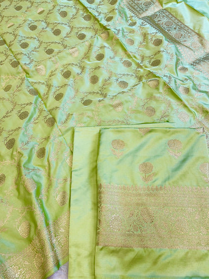 Green Premium Mashru Silk Floral Zari Booti Banarasi Suit Set 1500AJ_KCP34