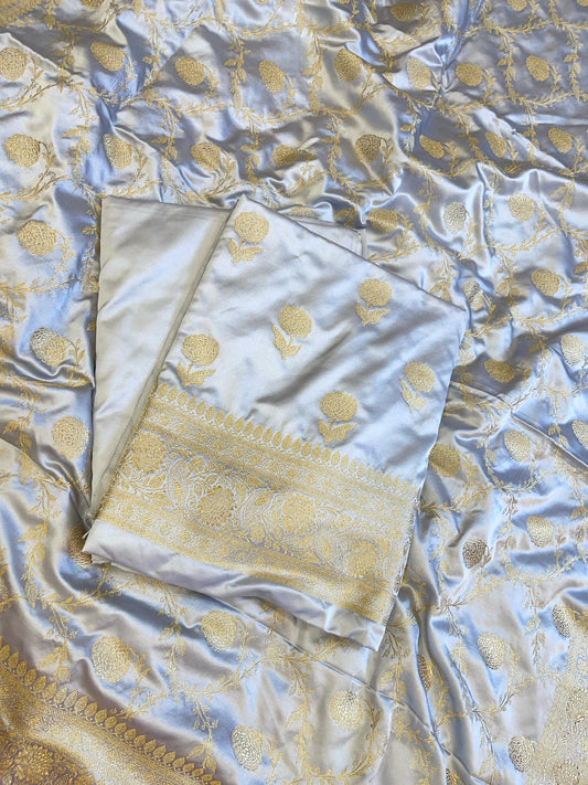 Grey Premium Mashru Silk Floral Zari Booti Banarasi Suit Set 1500AJ_KCP35