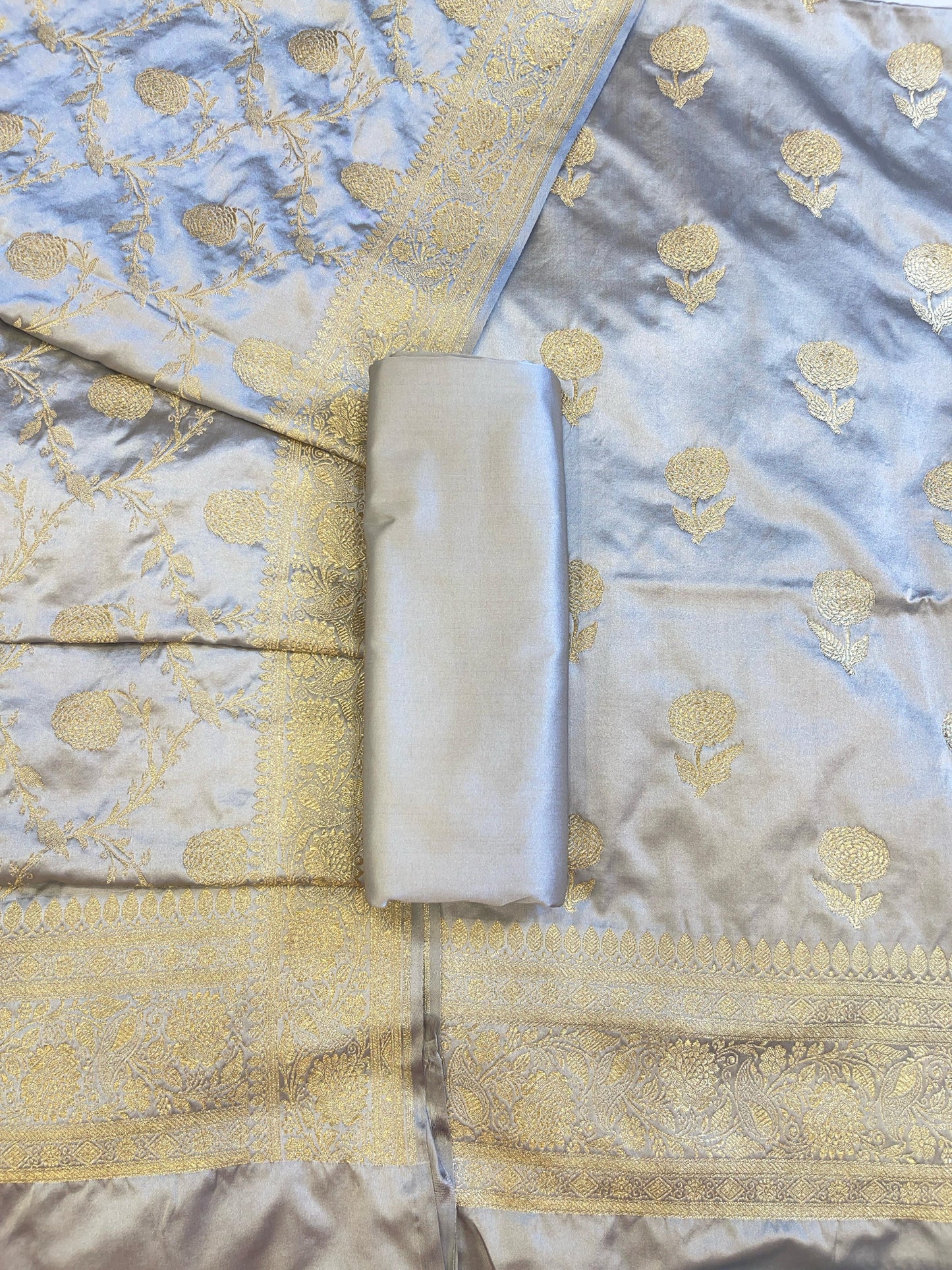 Grey Premium Mashru Silk Floral Zari Booti Banarasi Suit Set 1500AJ_KCP35