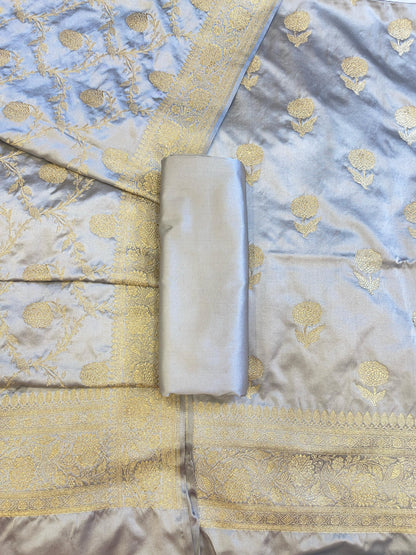 Grey Premium Mashru Silk Floral Zari Booti Banarasi Suit Set 1500AJ_KCP35
