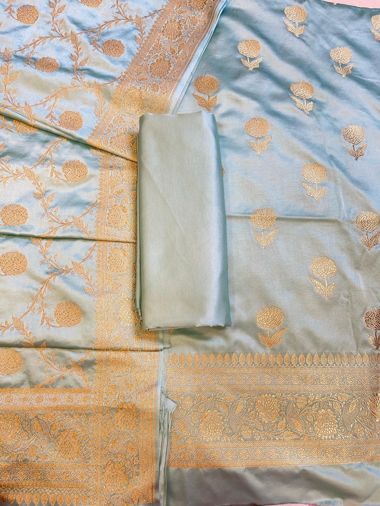 Seagreen Premium Mashru Silk Floral Zari Booti Banarasi Suit Set 1500AJ_KCP39