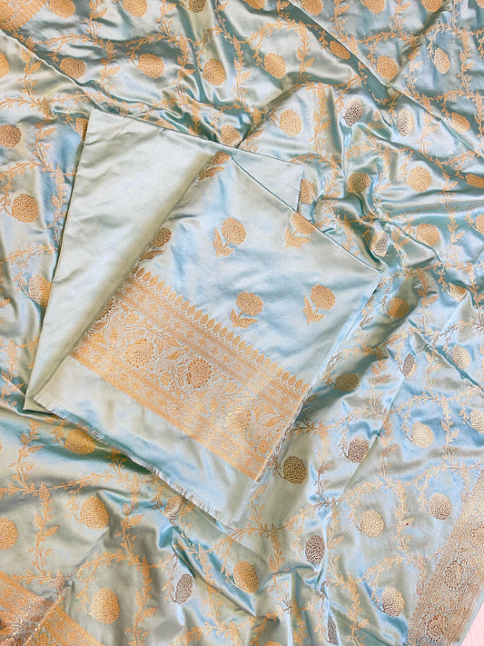 Seagreen Premium Mashru Silk Floral Zari Booti Banarasi Suit Set 1500AJ_KCP39