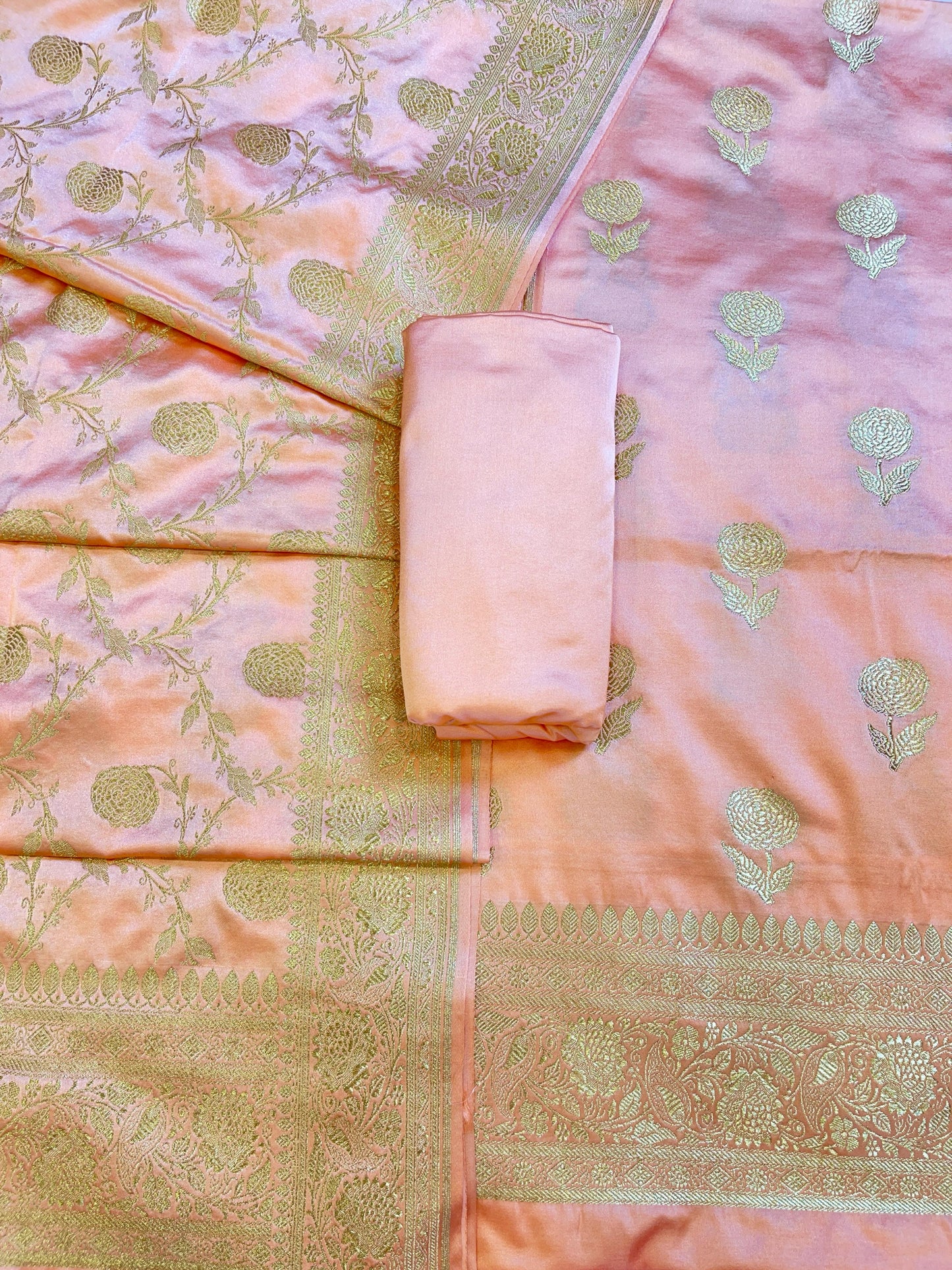 Peach Premium Mashru Silk Floral Zari Booti Banarasi Suit Set 1500AJ_KCP40