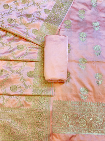 Peach Premium Mashru Silk Floral Zari Booti Banarasi Suit Set 1500AJ_KCP40