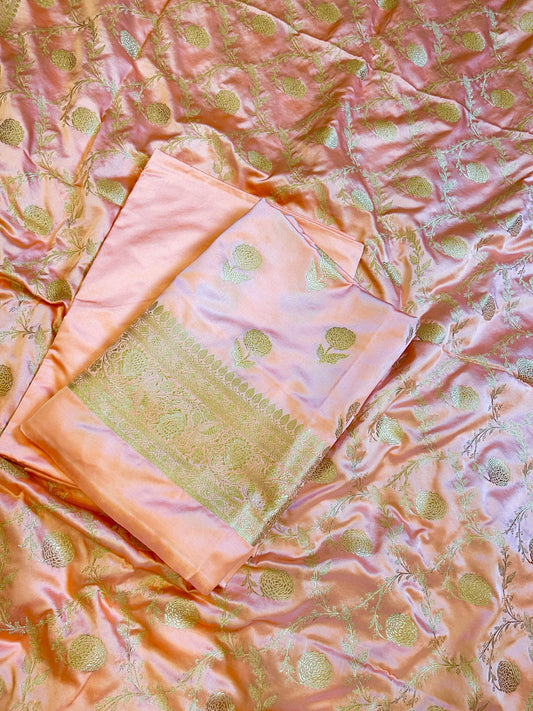Peach Premium Mashru Silk Floral Zari Booti Banarasi Suit Set 1500AJ_KCP40