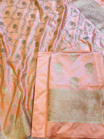 Peach Premium Mashru Silk Floral Zari Booti Banarasi Suit Set 1500AJ_KCP40