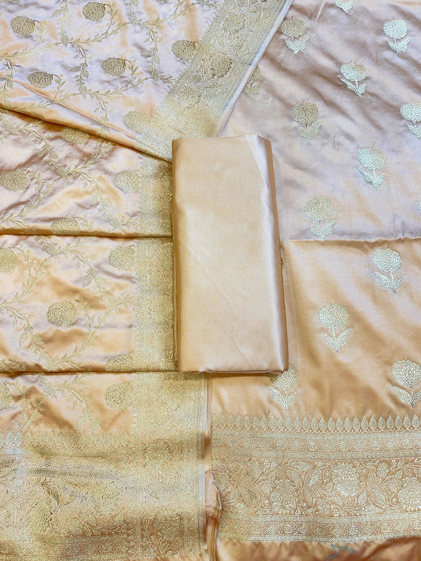 Beige Premium Mashru Silk Floral Zari Booti Banarasi Suit Set 1500AJ_KCP37
