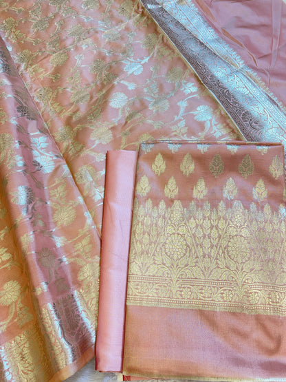 Peach Semi Silk Floral Zari Booti Banarasi 3 pcs Suit Set 900AJ_SK34