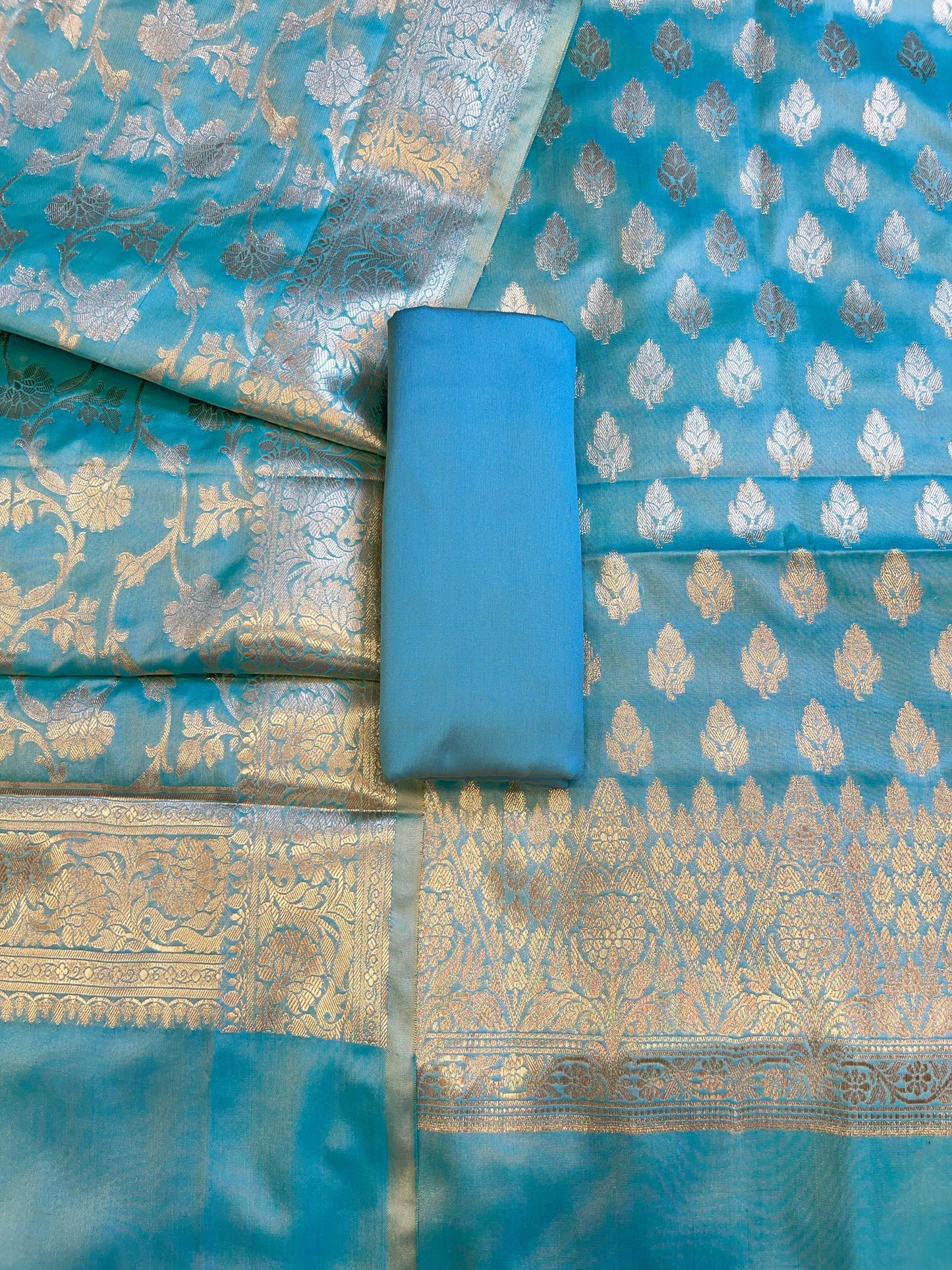 Sky Blue Semi Silk Floral Zari Booti Banarasi 3 pcs Suit Set 900AJ_SK36