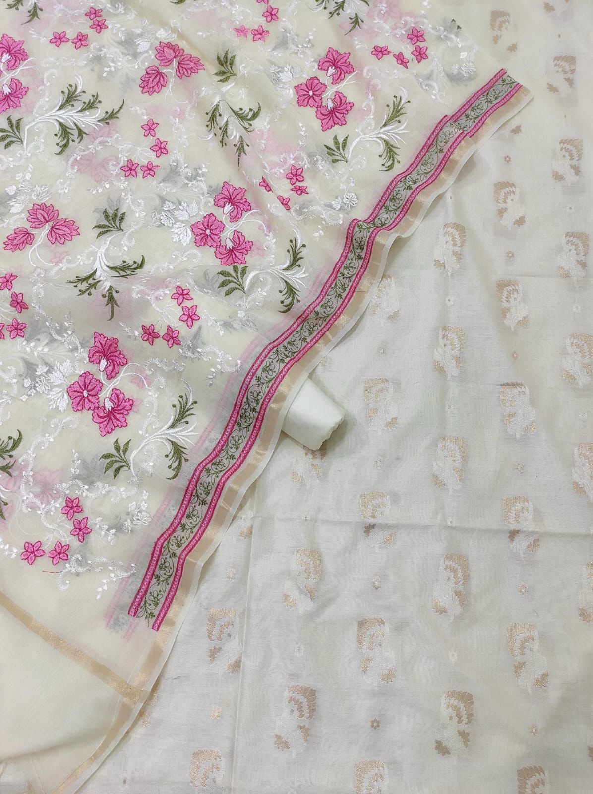 Offwhite Pure Mercerised Resham Mina Embroidery Dupatta Banarasi Suit Set 1250SKL_RM2