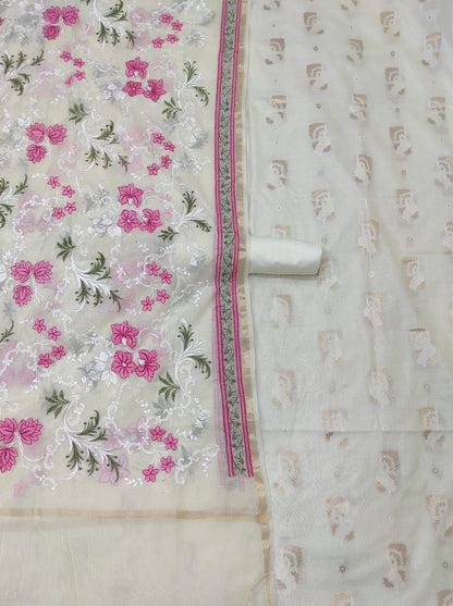 Offwhite Pure Mercerised Resham Mina Embroidery Dupatta Banarasi Suit Set 1250SKL_RM2