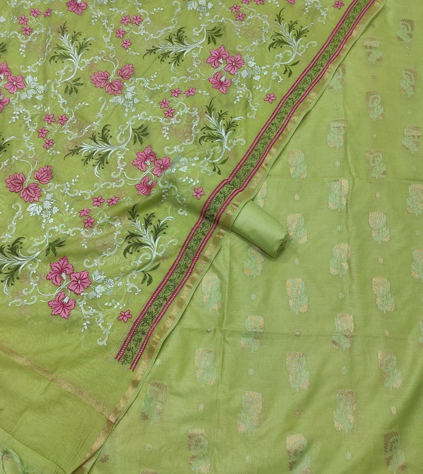 Green Pure Mercerised Resham Mina Embroidery Dupatta Banarasi Suit Set 1250SKL_RM4