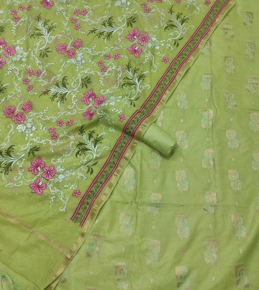 Green Pure Mercerised Resham Mina Embroidery Dupatta Banarasi Suit Set 1250SKL_RM4