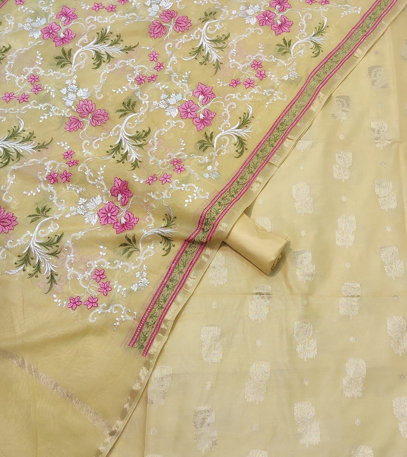 Beige Pure Mercerised Resham Mina Embroidery Dupatta Banarasi Suit Set 1250SKL_RM6