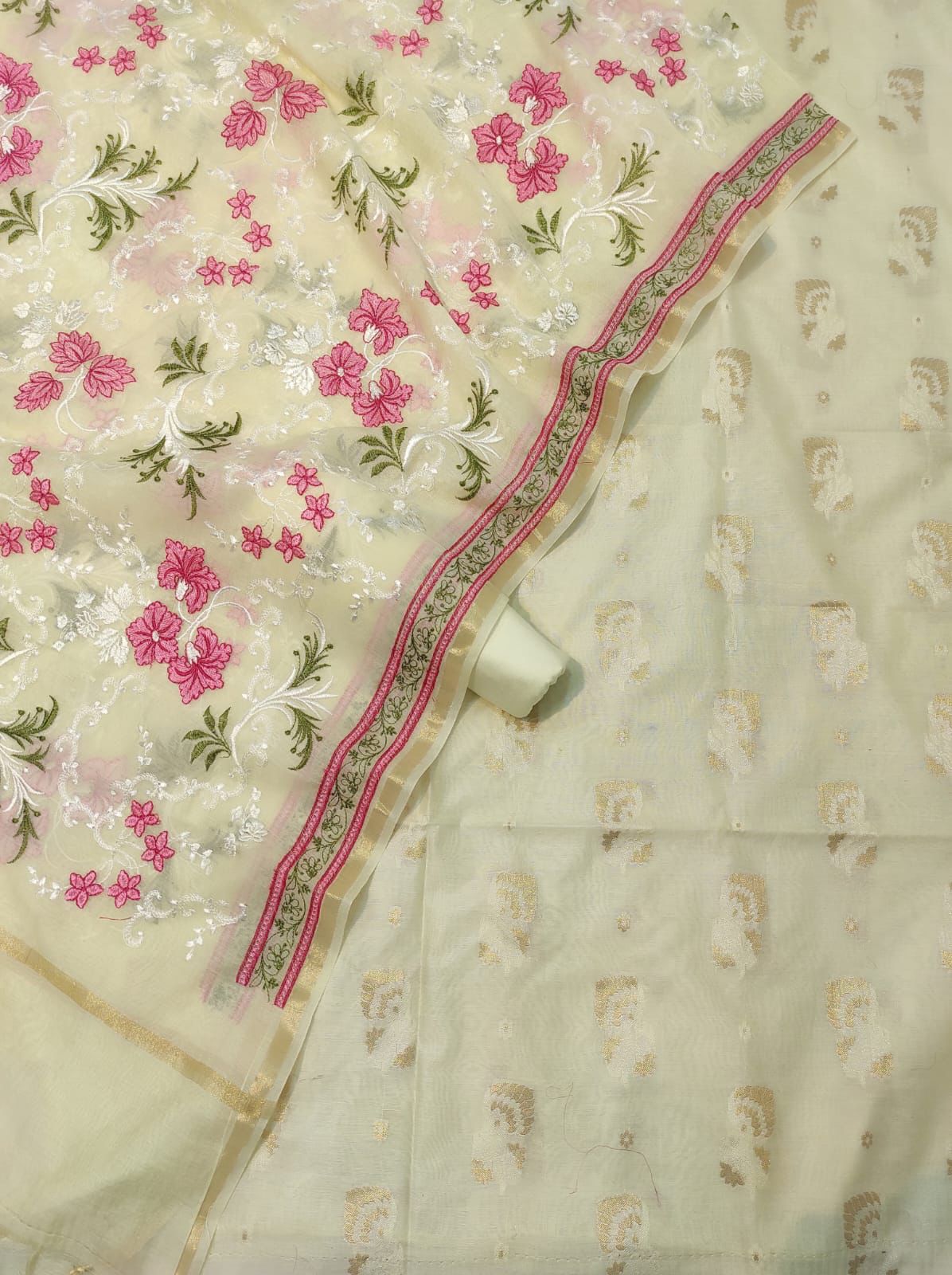 Cream Pure Mercerised Resham Mina Embroidery Dupatta Banarasi Suit Set 1250SKL_RM3