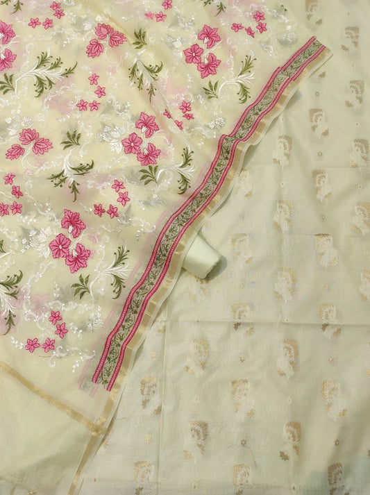 Cream Pure Mercerised Resham Mina Embroidery Dupatta Banarasi Suit Set 1250SKL_RM3