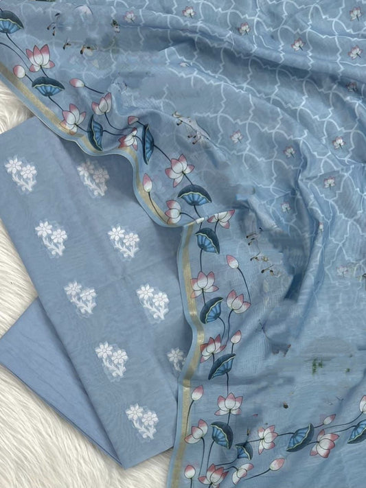 Sky Blue Pure Mercerised Resham Booti Digital Print Dupatta Banarasi Suit Set 1000SKL_RM9