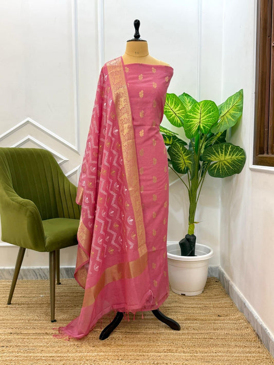 Pink Pure Mercerised Zari Booti with Embroidery Dupatta Banarasi Suit Set 1100SKL_PME3