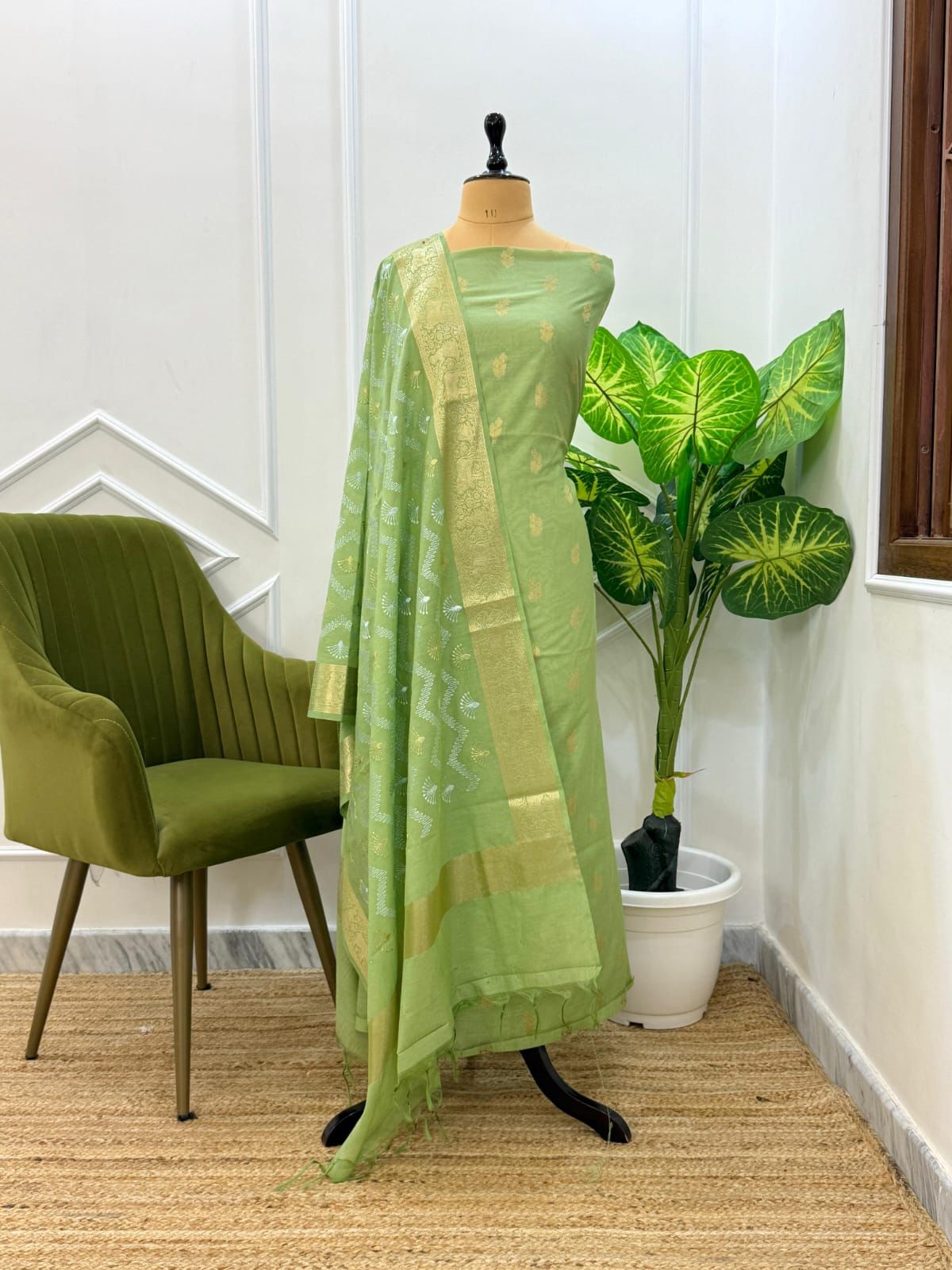 Pista Green Pure Mercerised Zari Booti with Embroidery Dupatta Banarasi Suit Set 1100SKL_PME5