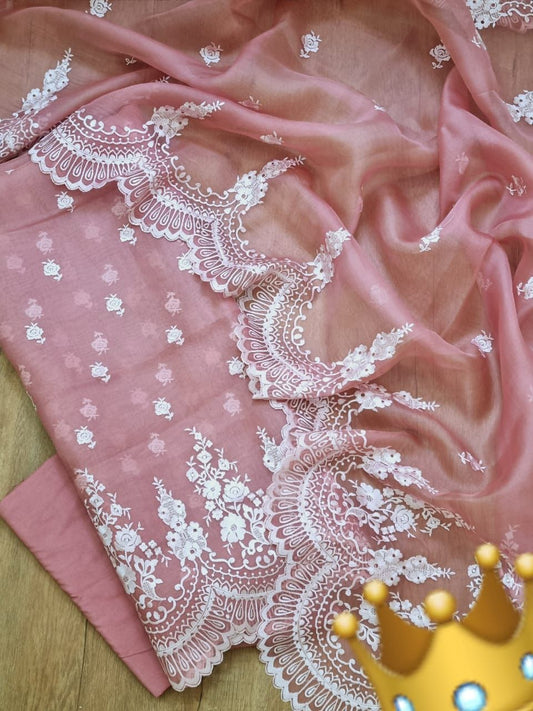 Peach Organza Silk Embroidery Banarasi 3 Pcs Suit Set 1100SKL_OG9
