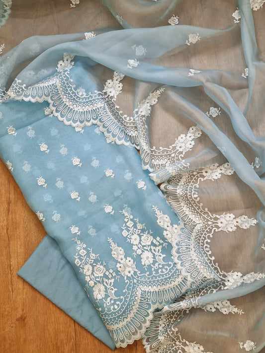 Sky Blue Organza Silk Embroidery Banarasi 3 Pcs Suit Set 1100SKL_OG8