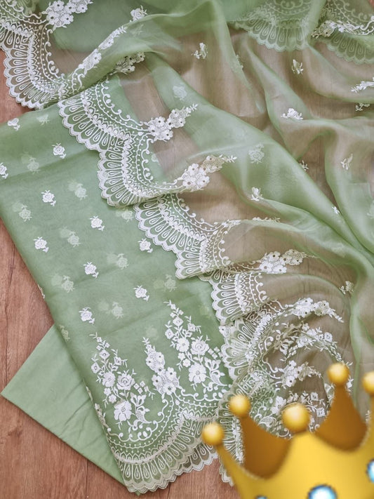 Pista Green Organza Silk Embroidery Banarasi 3 Pcs Suit Set 1100SKL_OG10