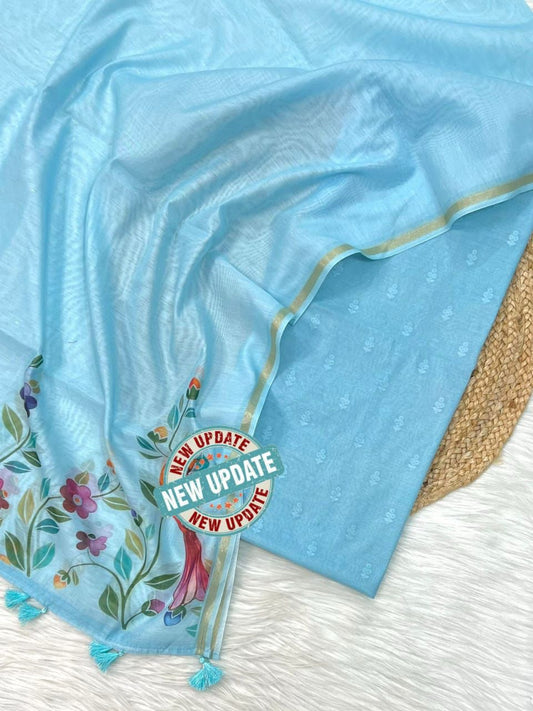 Sky Blue Pure Mercerised Resham Booti with Digital Print Dupatta Banarasi Suit Set 1000SKL_PMC5