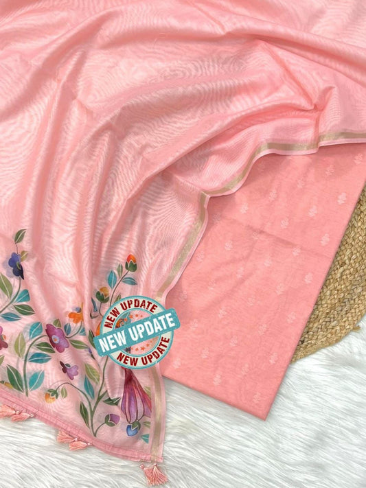 Peach Pure Mercerised Resham Booti with Digital Print Dupatta Banarasi Suit Set 1000SKL_PMC4