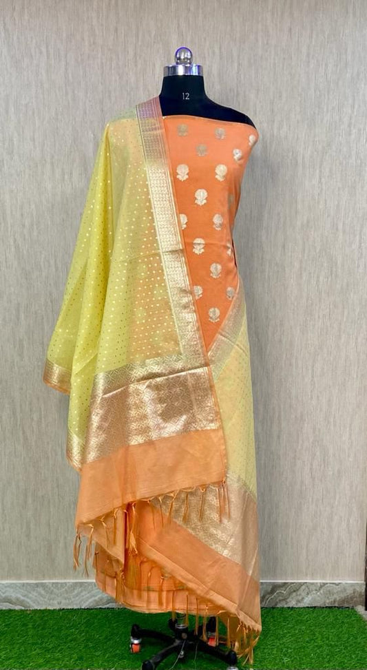 Orange Pure Mercerise Lorex Contrast Yellow Dupatta Banarasi Suit 1200SKL_PML10