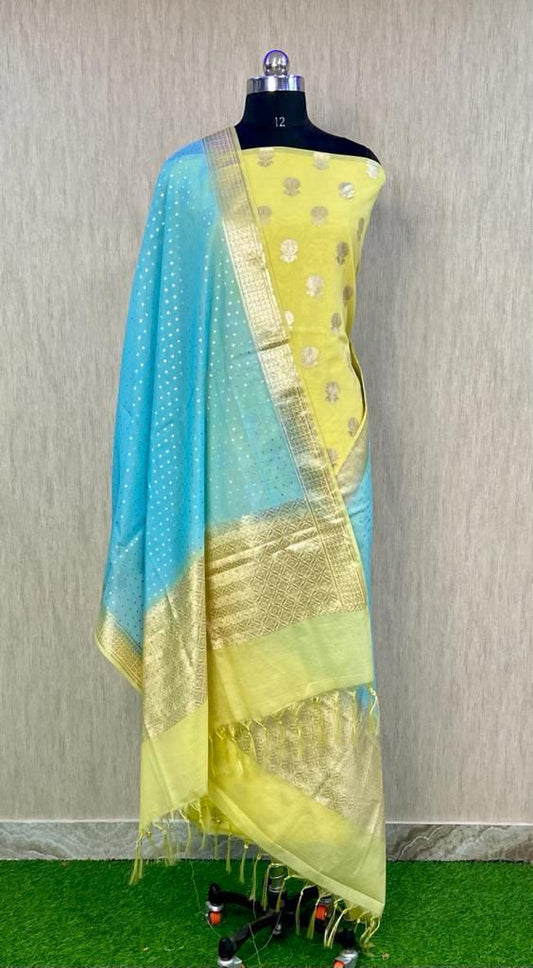 Yellow Pure Mercerise Lorex Contrast Sky Blue Dupatta Banarasi Suit 1200SKL_PML9