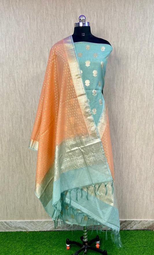 Seagreen Pure Mercerise Lorex Contrast Peach Dupatta Banarasi Suit 1200SKL_PML12