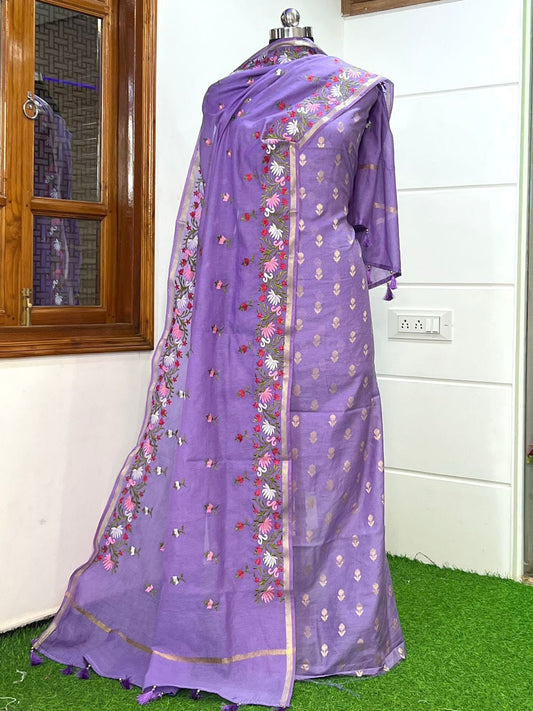 Light Purple Pure Mercerised Zari Booti with Embroidery Dupatta Banarasi Suit Set 1100SKL_PME6