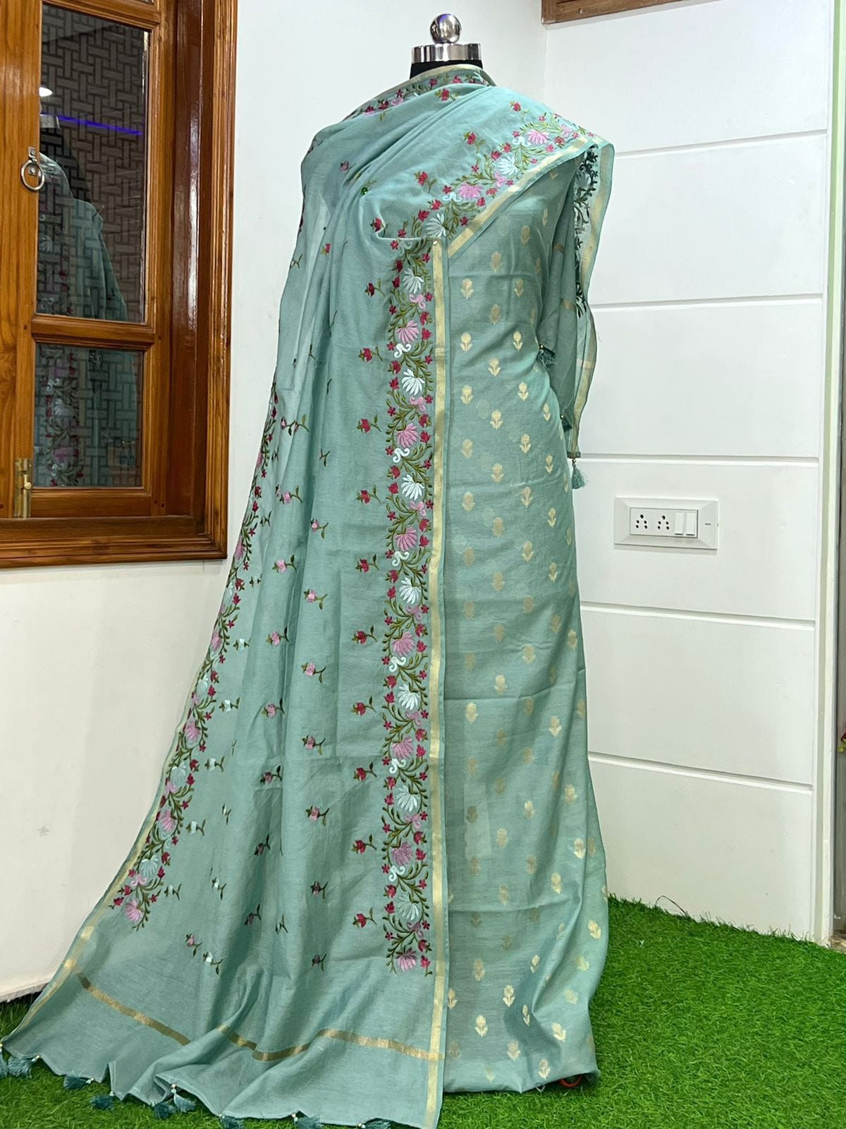 Sea Green Pure Mercerised Zari Booti with Embroidery Dupatta Banarasi Suit Set 1100SKL_PME9
